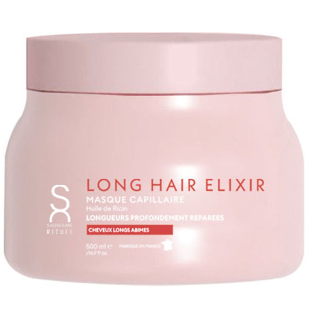 Roze pot met deksel. Opschrift: Long Hair Elixir, Masque Capillaire, Cheveux Longs Abîmés. Merk: Sacha Care.