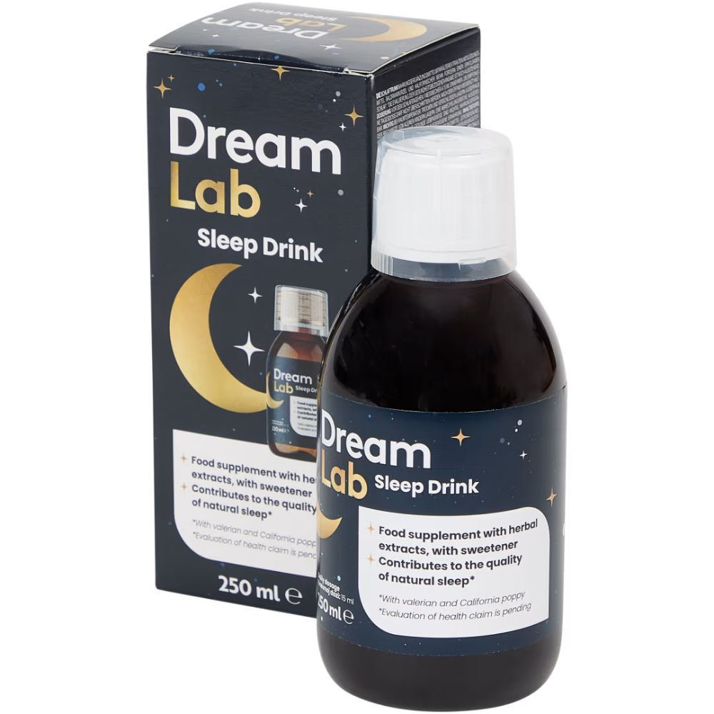 Fles en doos van het product Dream Lab Sleep Drink. Opschrift: Voedingssupplement met kruidenextracten.