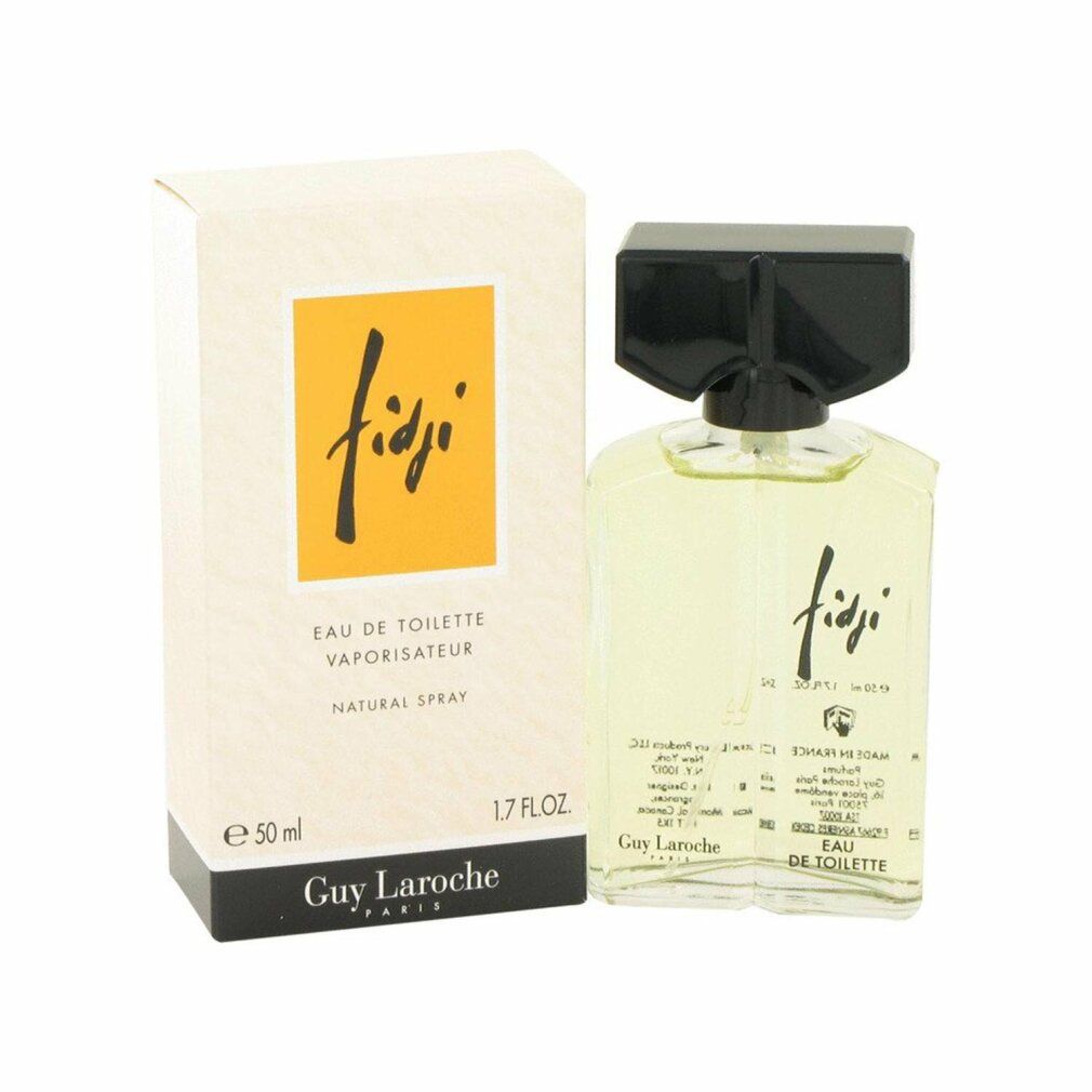 Fidji Eau de Toilette Spray van Guy Laroche. Fles en verpakking. Gele vloeistof in glazen fles met zwarte dop.