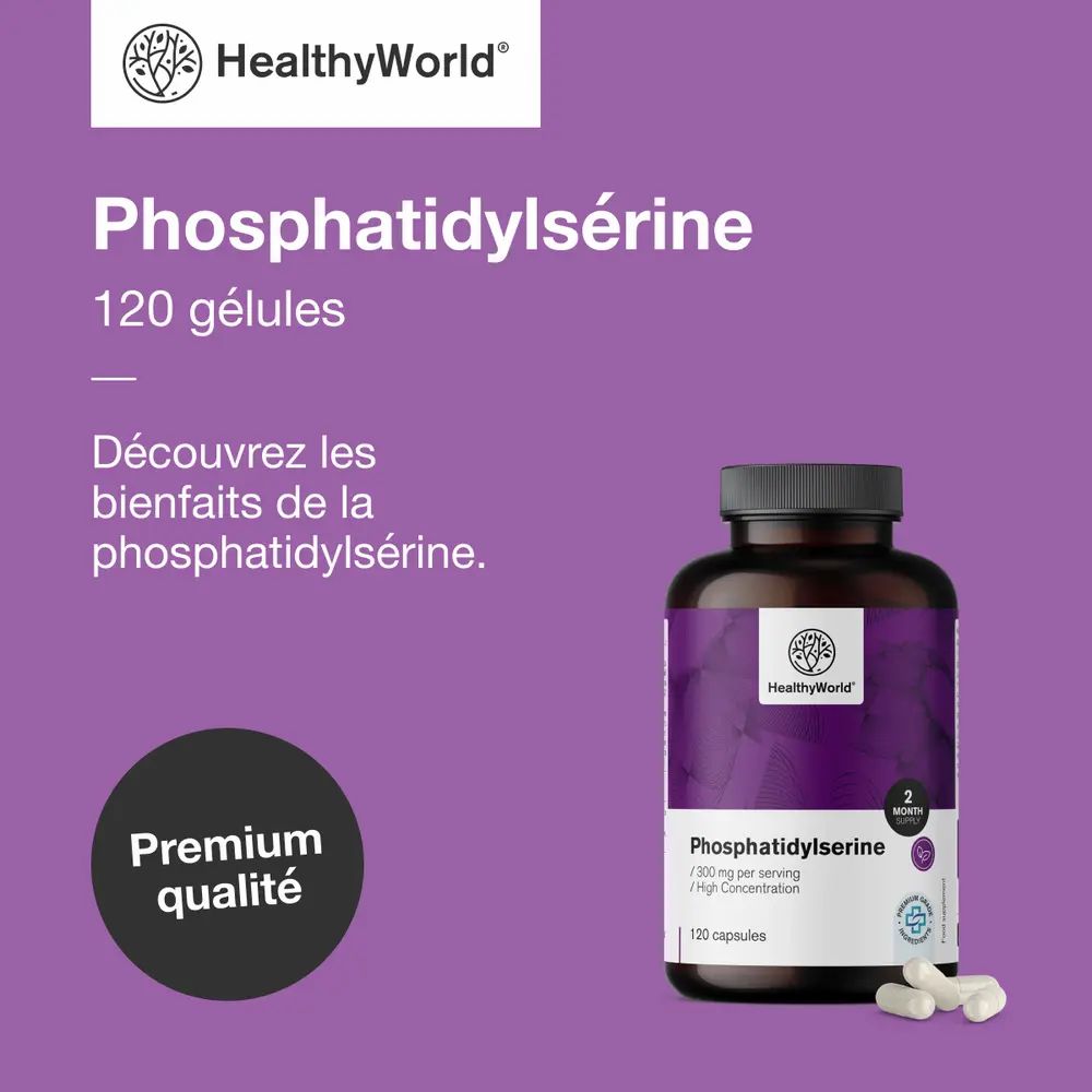 Bouteille de phosphatidylsérine, 120 gélules. Sceau "Premium Qualität". "Découvrez les bienfaits".