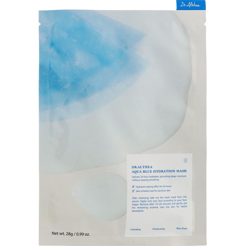 Emballage du masque Dr. Althea Aqua Blue Hydration. Emballage transparent avec contenu de masque bleu. Texte.