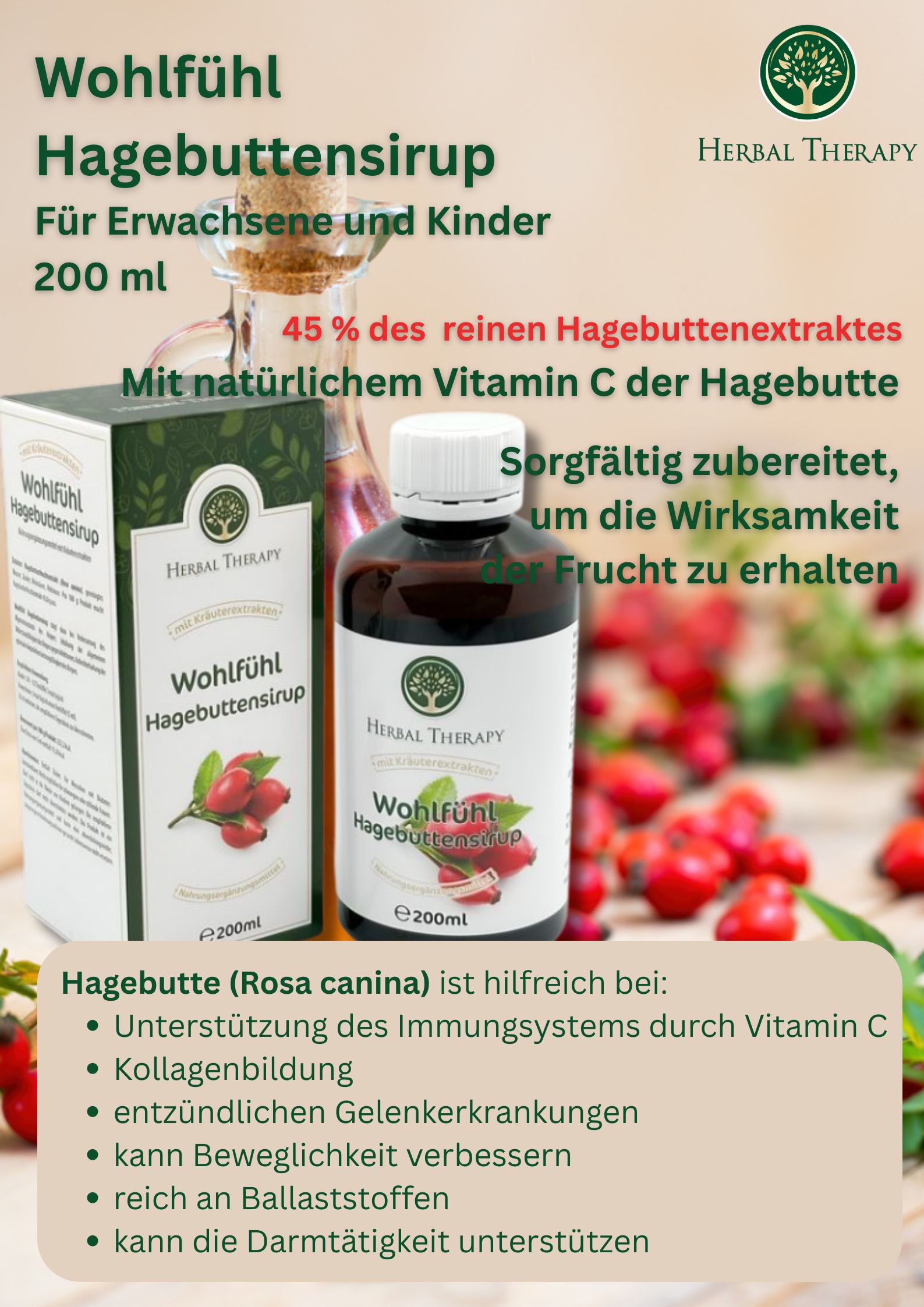 Fles en doos met productopdruk Wohlfühl Hagebuttensirup. Opschrift Herbal Therapy. Extra informatie en rozenbottels.