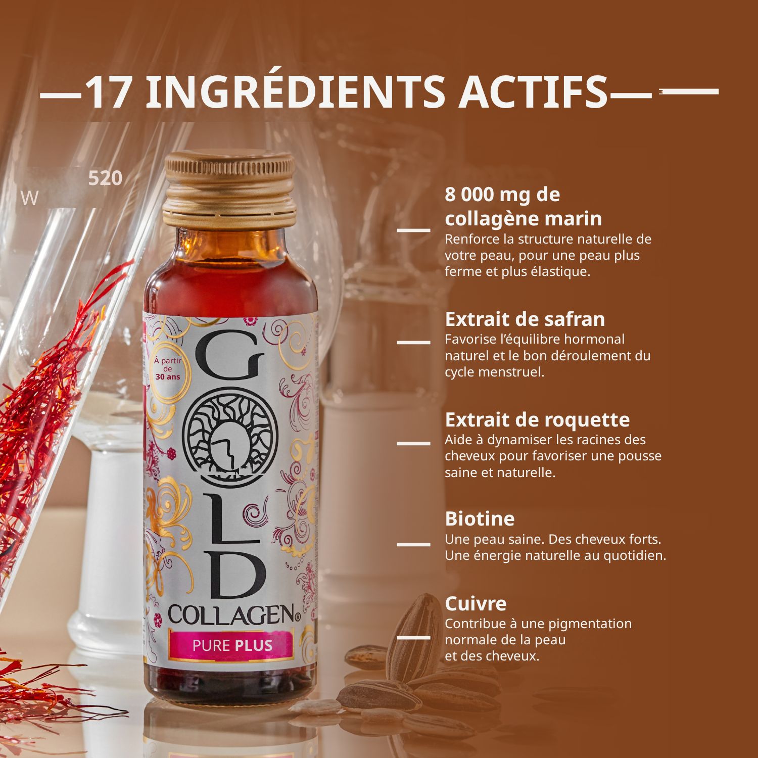 Flesje Gold Collagen Pure Plus met aanduidingen over ingrediënten, GGO-vrij.