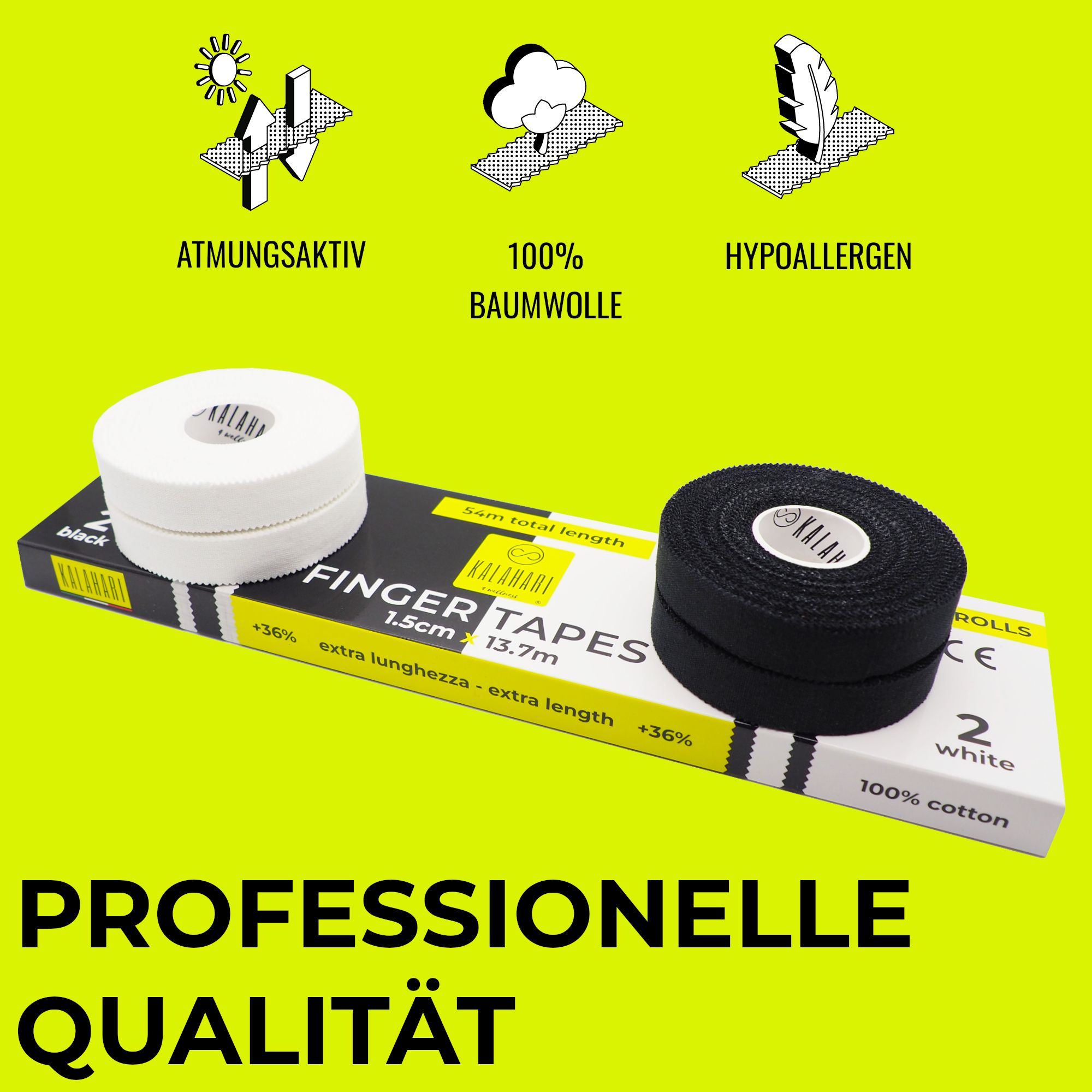 Twee rollen vinger tape (wit, zwart) op gele verpakking met iconen: ademend, katoen, hypoallergeen.
