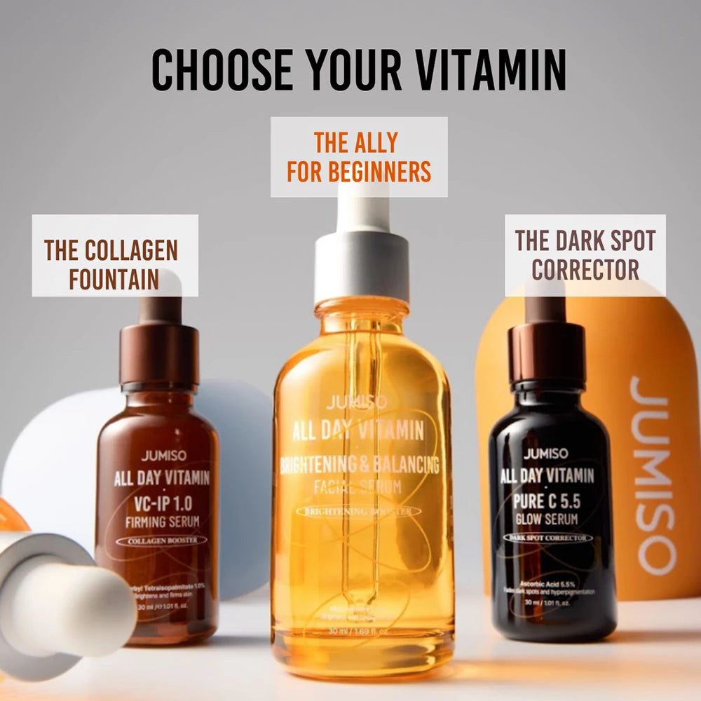 Drie JUMISO Vitamine Serums: VC-IP 1.0 Firming Serum, Brightening & Balancing Serum, Pure C 5.5 Glow Serum.