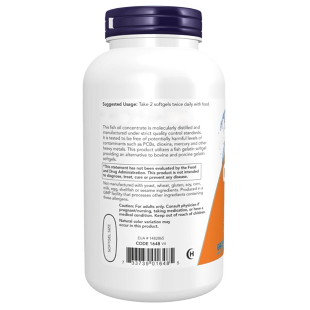 Achterkant van de pot Now Foods Omega-3 Visolie 1000mg. Bevat gebruiksaanwijzing en waarschuwingen.