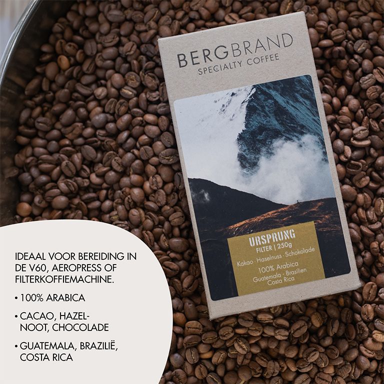 Koffieverpakking op koffiebonen. Tekst: BERGBRAND, Ursprung Filter. Productinformatie en ingrediënten.