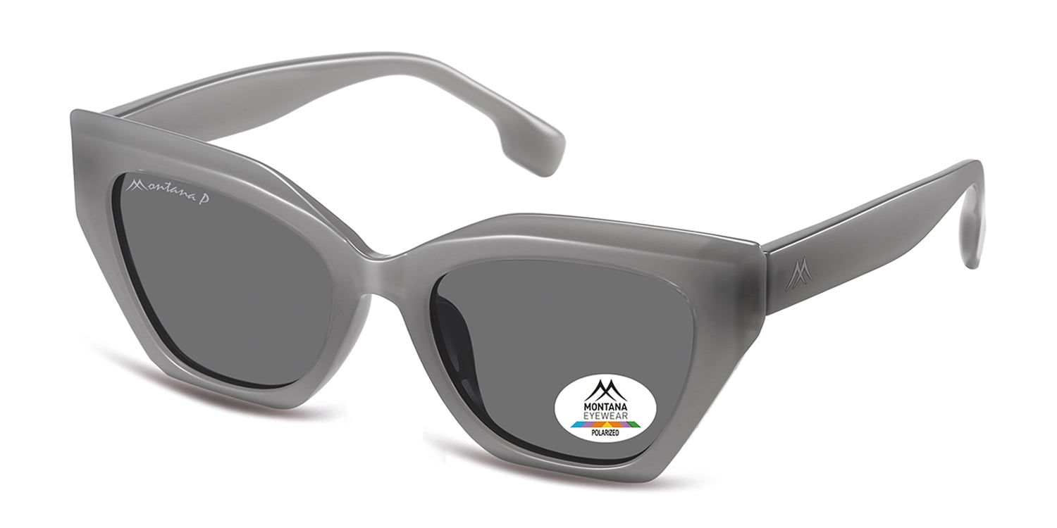 Lunettes de soleil grises, vue latérale. Verres foncés, logo Montana Eyewear sur le verre. Forme rectangulaire. Branches noires.