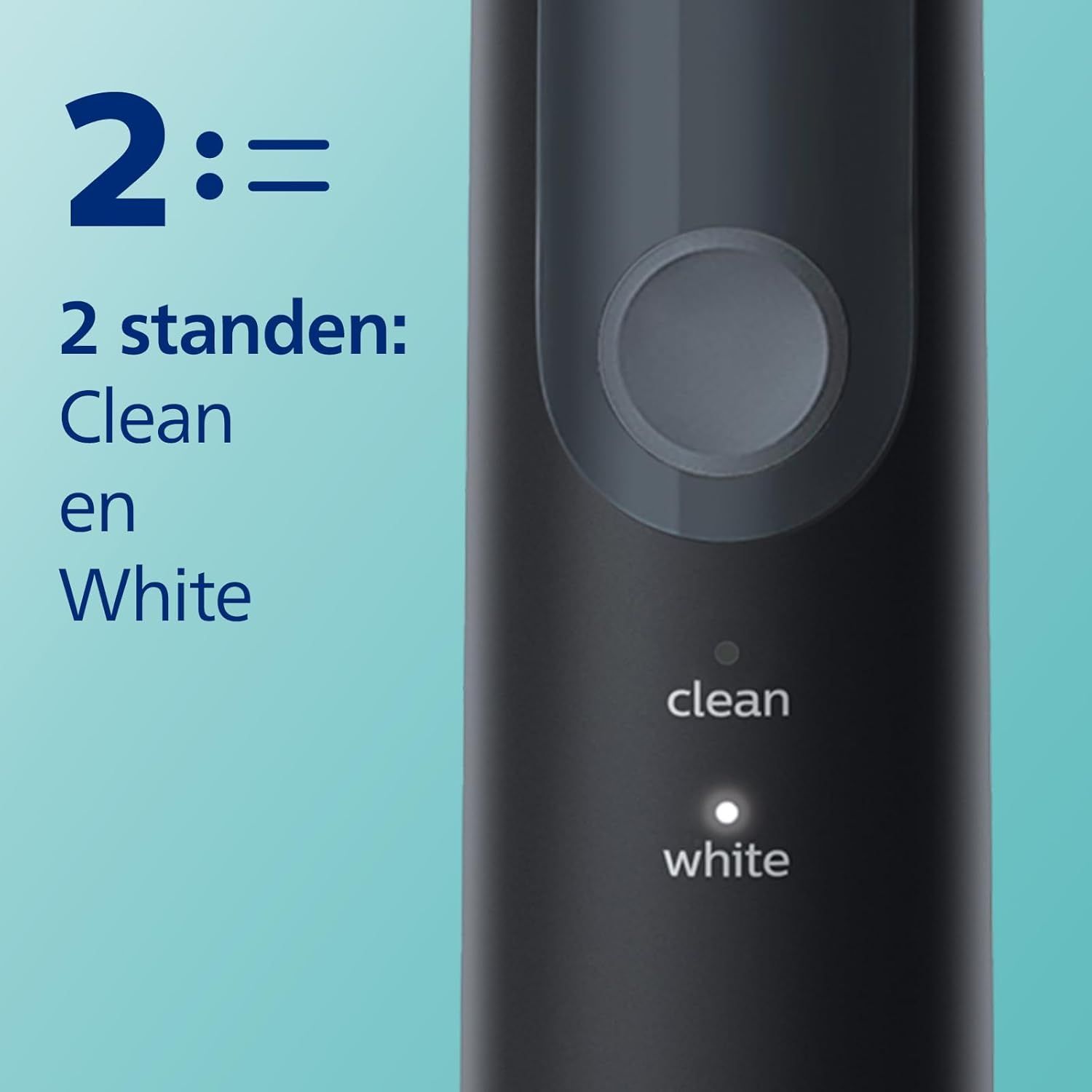 Zwarte elektrische tandenborstel met twee standen: Clean en White.