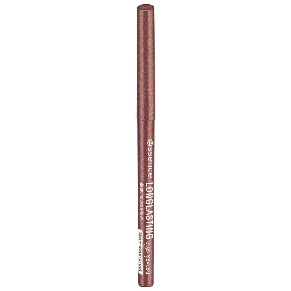Crayon pour les yeux Essence longue durée. Brun métallique. Texte: Longlasting Eye Pencil, Sparkling Brown, 18h + waterproof.