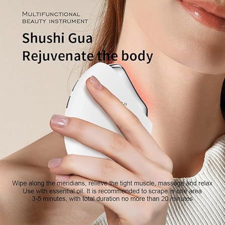 Appareil blanc ovale tenu sur le cou. Inscription : Shushi Gua. Texte : massage, détente, utilisation avec de l'huile.