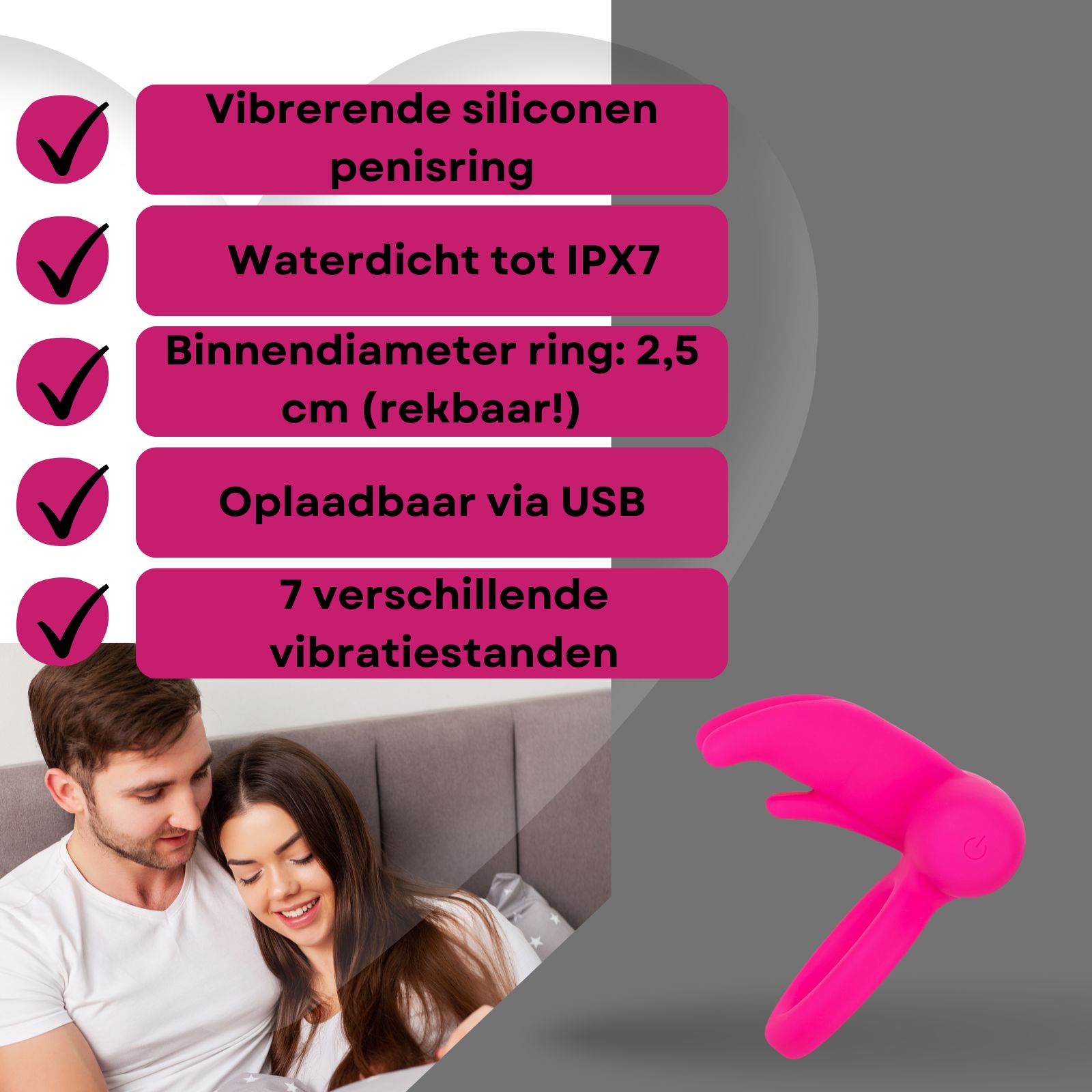 Roze penisring met clitorisstimulatie. Koppel op de achtergrond. Tekst: waterdicht, 2,5 cm, USB, 7 vibraties.