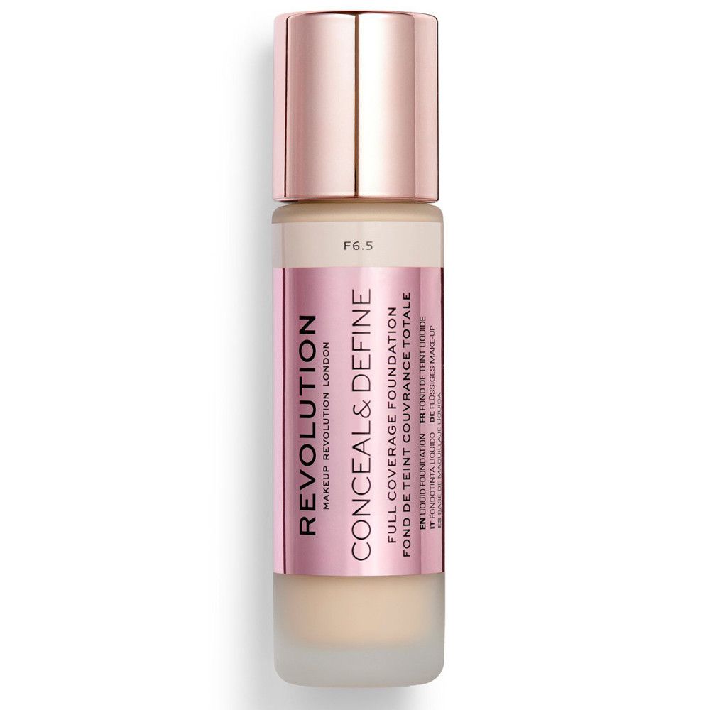 Foundationflesje. Roze etiket met tekst: Conceal & Define, Full Coverage Foundation. Tint F6.5. Dop roségoud.