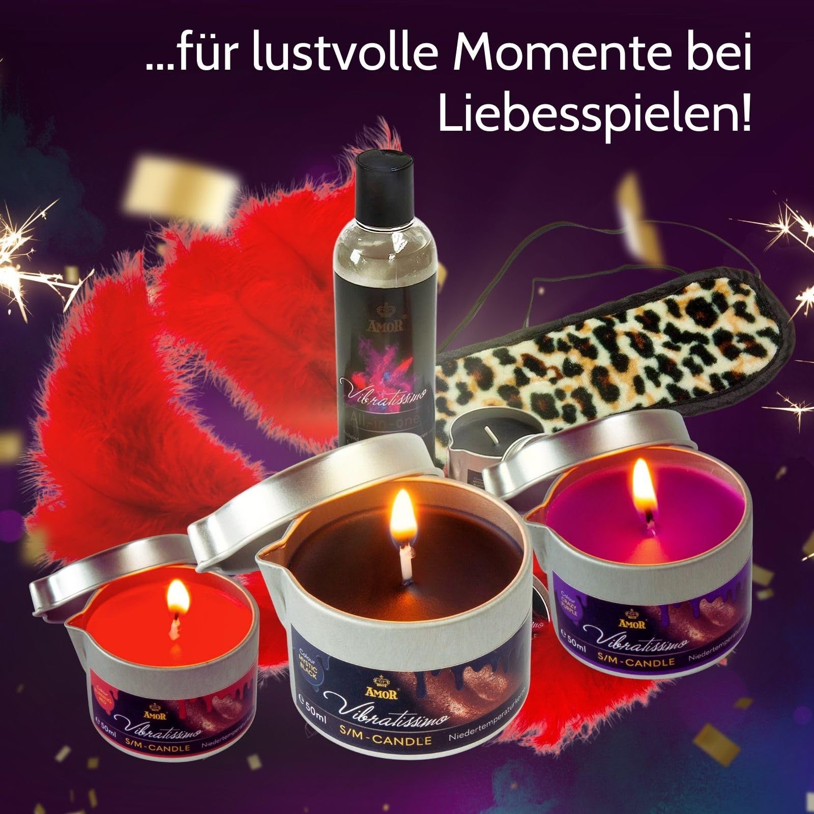 Trois bougies S/M Vibratissimo en boîte : rouge, rouge foncé, violet.