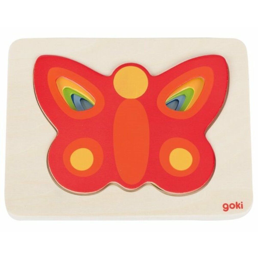 Puzzle Goki farfalla, 5 couches. Puzzle en bois avec papillon rouge. Design multicolore. Marque Goki.