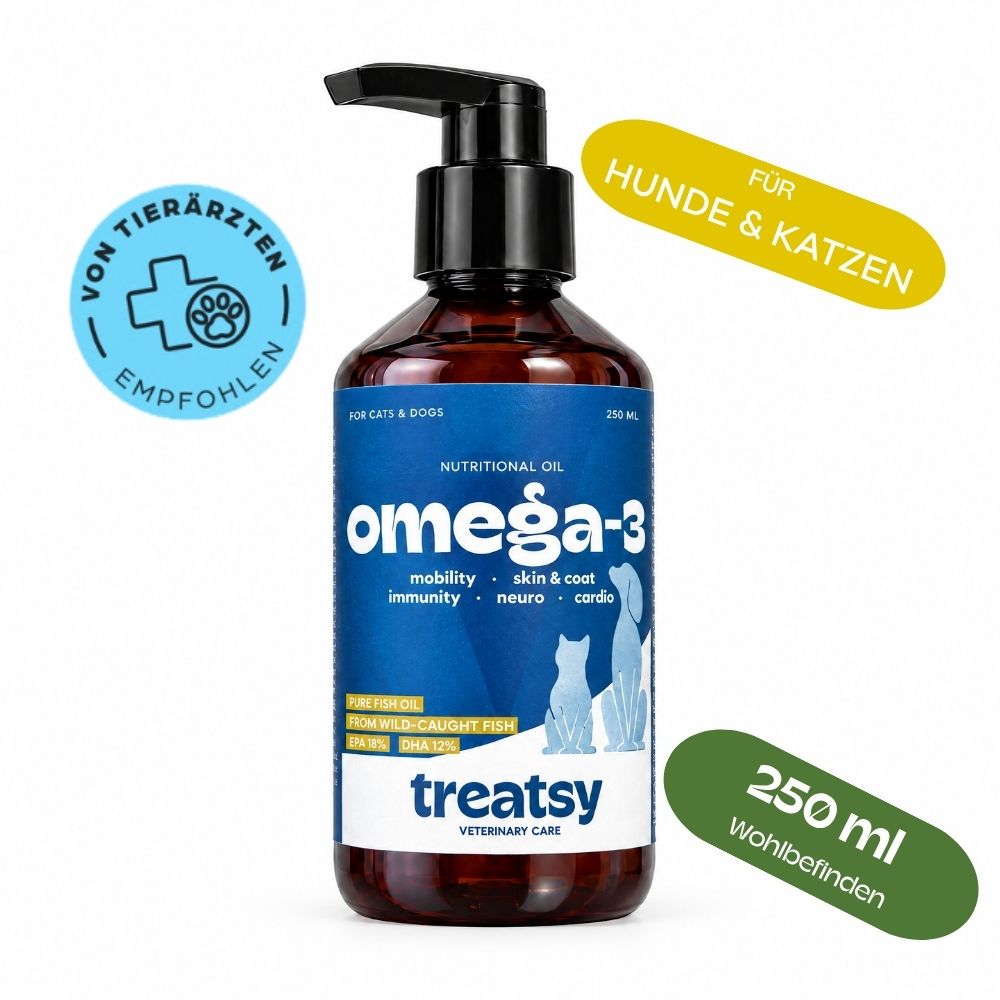 Huile de poisson oméga-3 pour chiens et chats, flacon de 250 ml avec pompe. Recommandé par les vétérinaires.