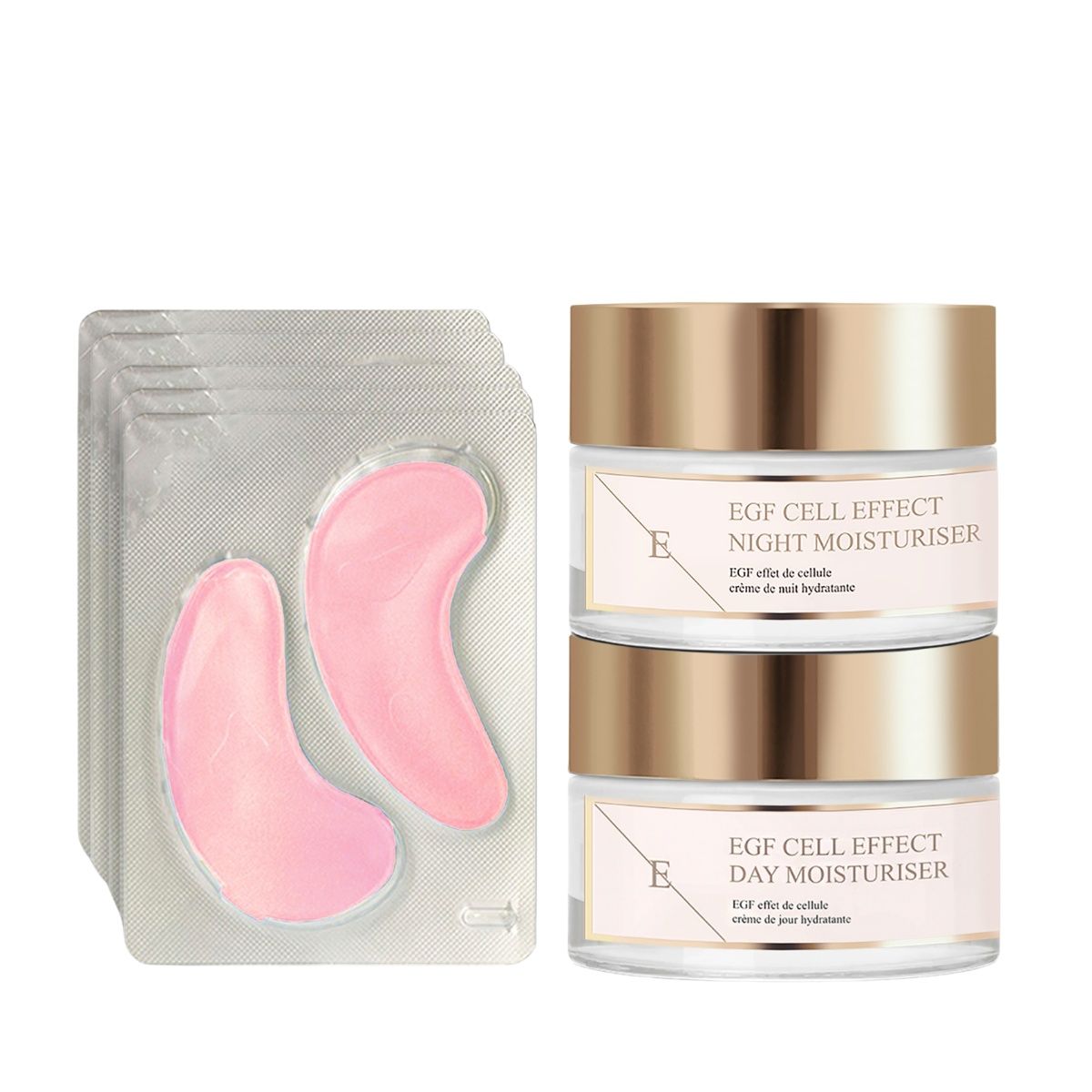 Crème de jour et de nuit, patchs pour les yeux. Pots de crème avec couvercles dorés. Inscription : EGF Cell Effect.