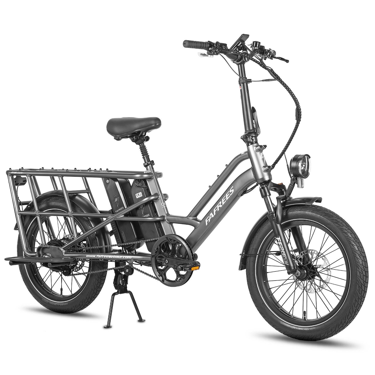 Vélo électrique gris avec porte-bagages, deux batteries et béquille. Marque FAFREES.