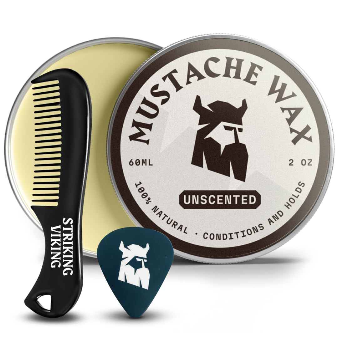 Boîte de cire à moustache, peigne et médiator. Boîte avec inscription "Mustache Wax", "Unscented". Peigne avec inscription "Striking Viking".