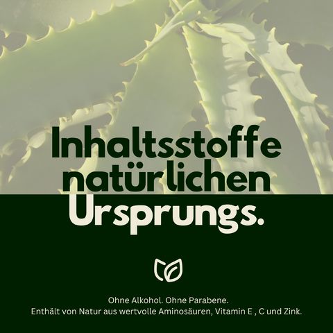 Groene achtergrond met aloë vera bladeren. Tekst: Ingrediënten van natuurlijke oorsprong. Zonder alcohol, parabenen. Bevat aminozuren, vitaminen.