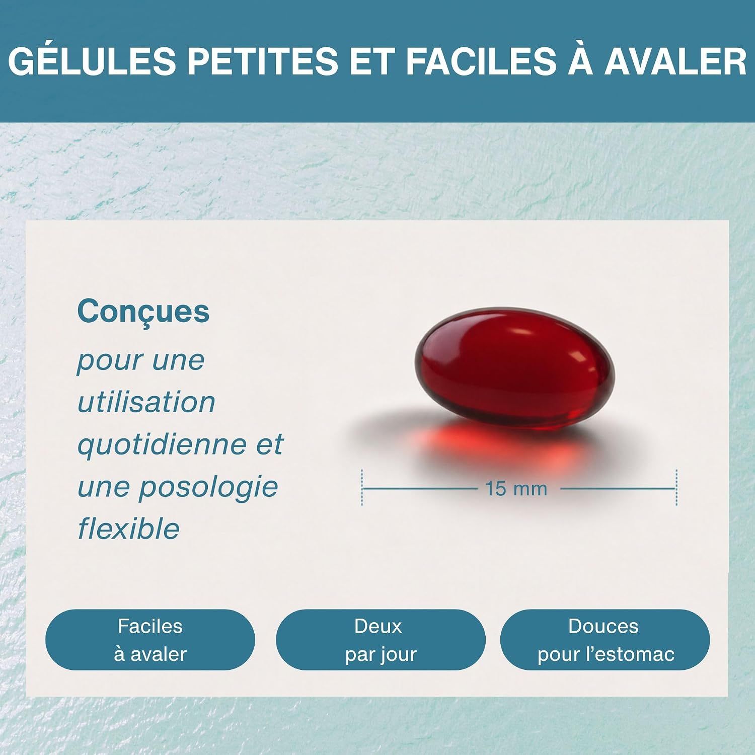 Gélule petite et facile à avaler (15mm), pour usage quotidien.