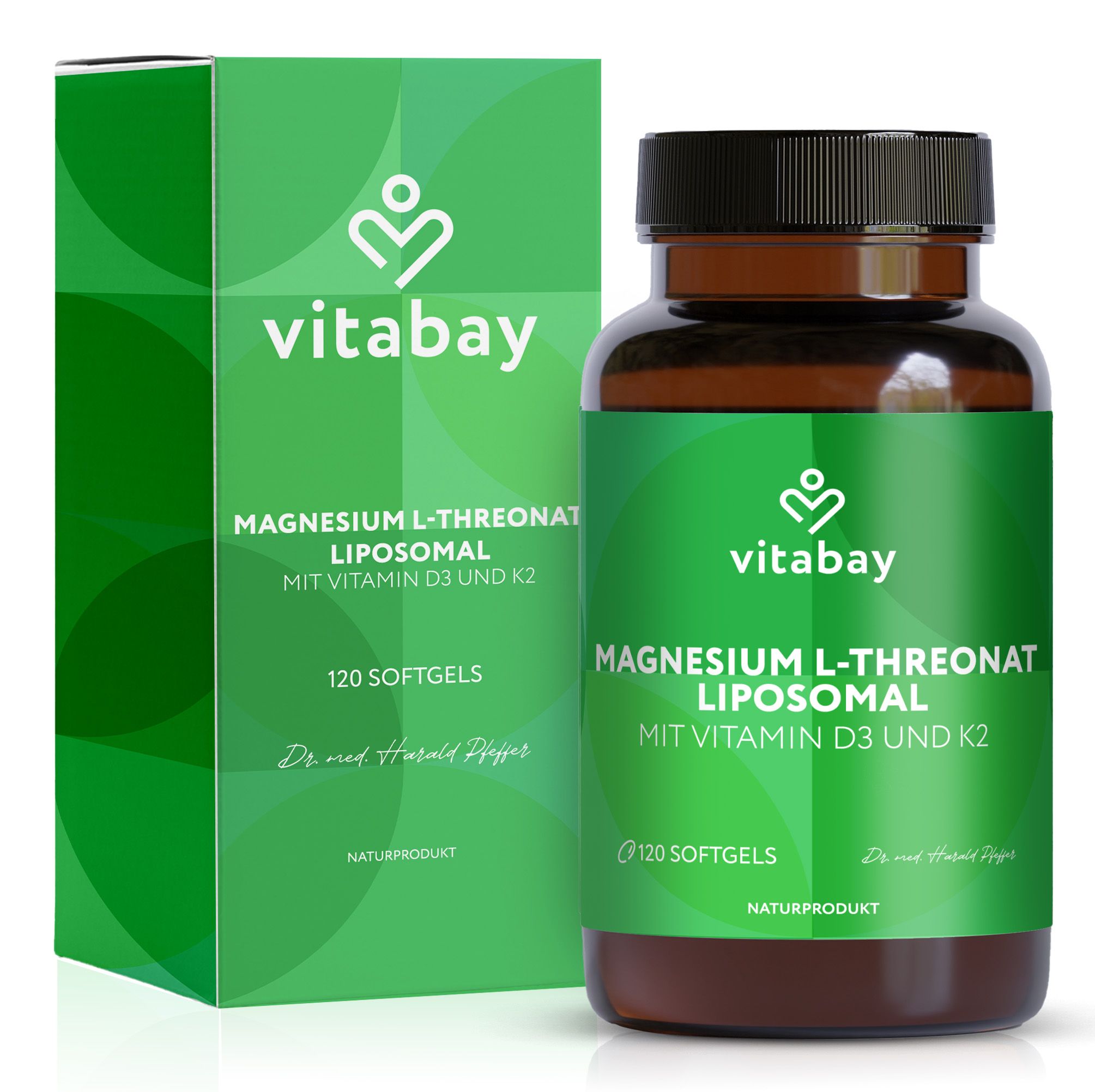 Bouteille et boîte Vitabay Magnésium L-Thréonate Liposomal. 120 Softgels.