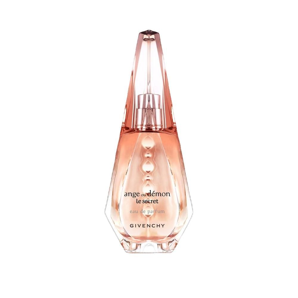 Flacon de parfum Givenchy Ange ou Démon Le Secret. Forme facettée, dégradé de rose. Vaporisateur. Inscription: Givenchy.