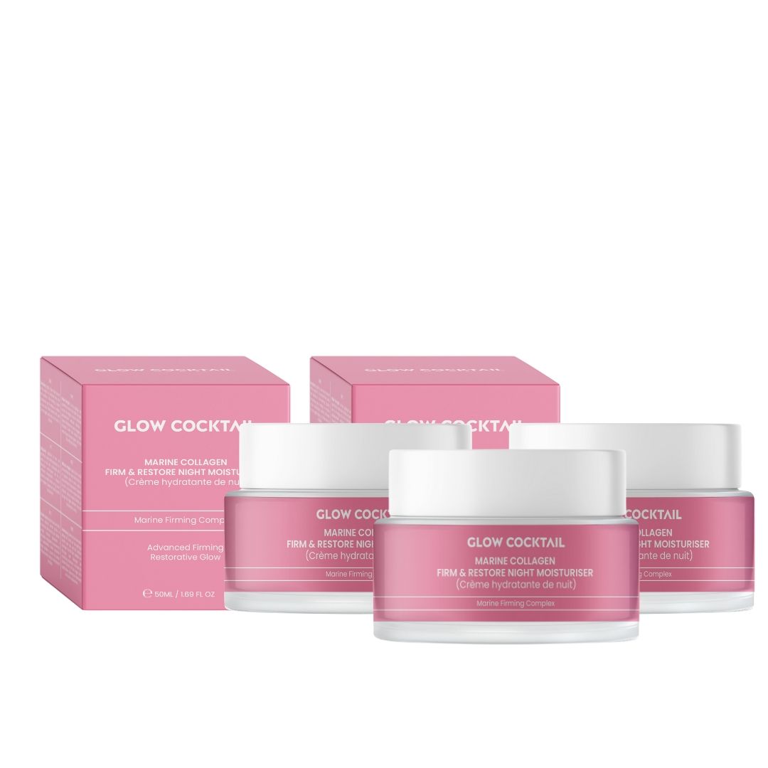 Drie potten en twee dozen. Roze potten met witte deksels. Opschrift: Glow Cocktail Marine Collagen.