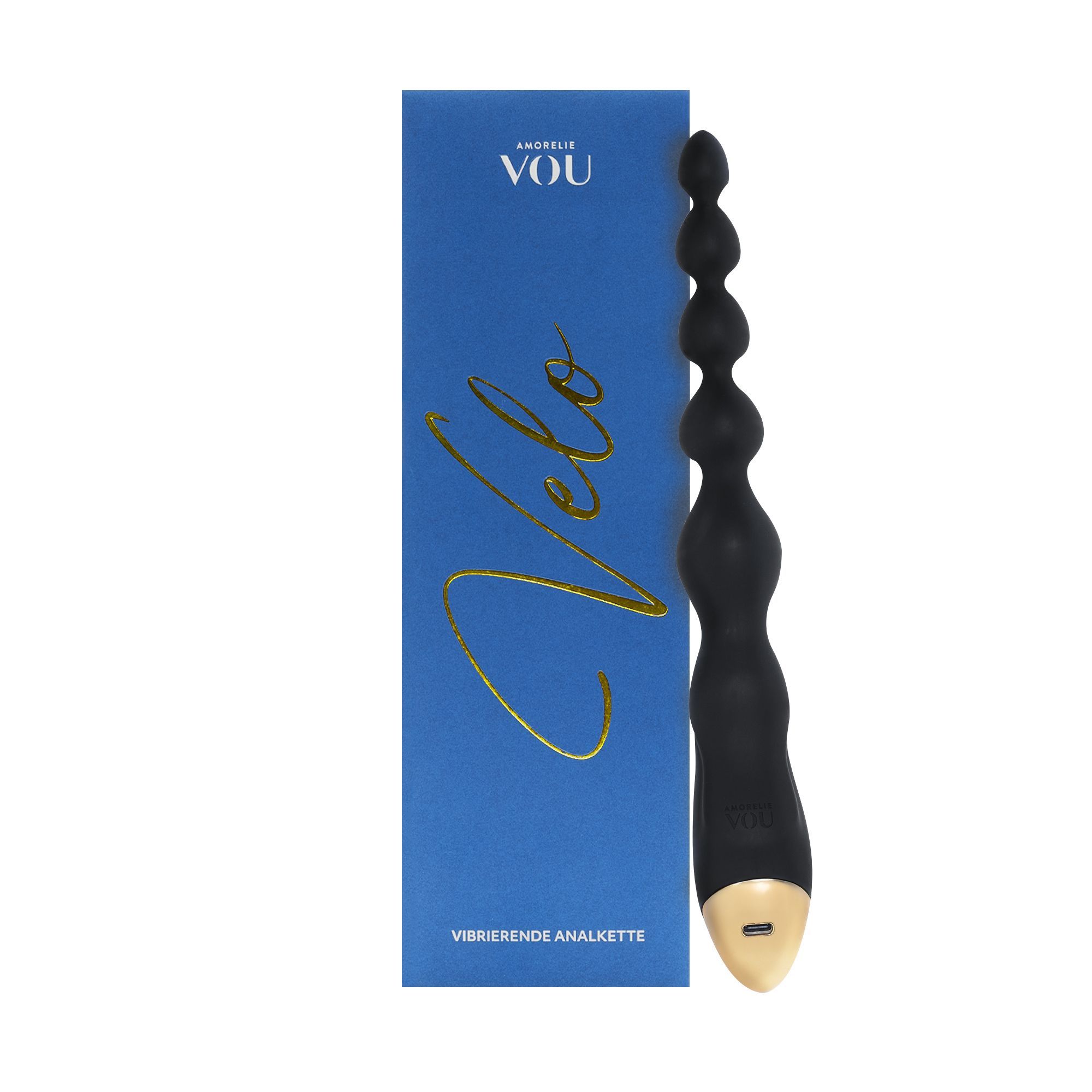 Zwarte vibrerende anale ketting met gouden uiteinde en blauwe verpakking. Opschrift: AMORELIE VOU, Velo, vibrerende anale ketting.