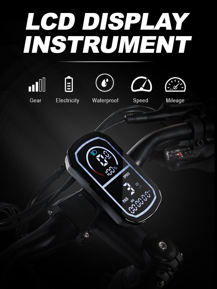 LCD-scherm van de e-bike. Weergave versnelling, stroom, waterdichtheid, snelheid en kilometerstand.