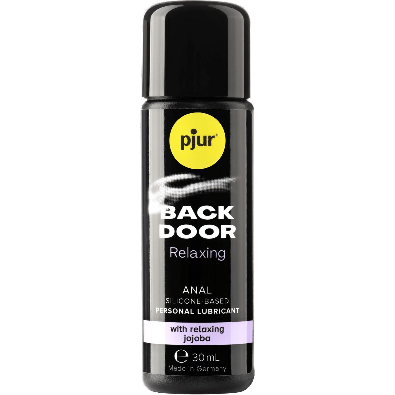 Zwarte fles met zwarte dop. Opschrift: pjur, BACK DOOR, Anal Personal Lubricant. Met Jojoba. 30ml. Gemaakt in Duitsland.