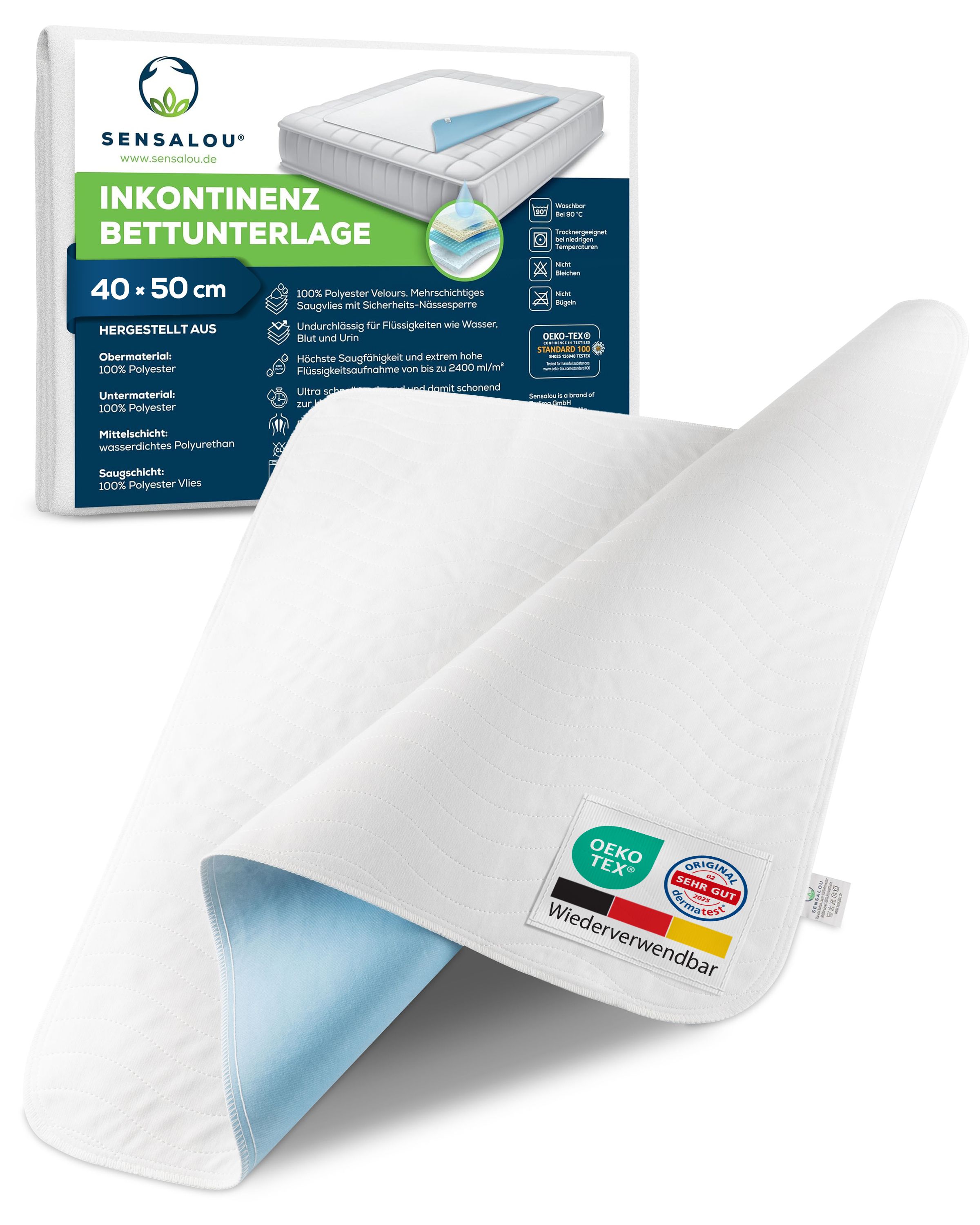 Witte incontinentiebedonderlegger met blauwe achtergrond. Oeko-Tex-certificering. Afmetingen 40-50 cm. Sensalou-logo.