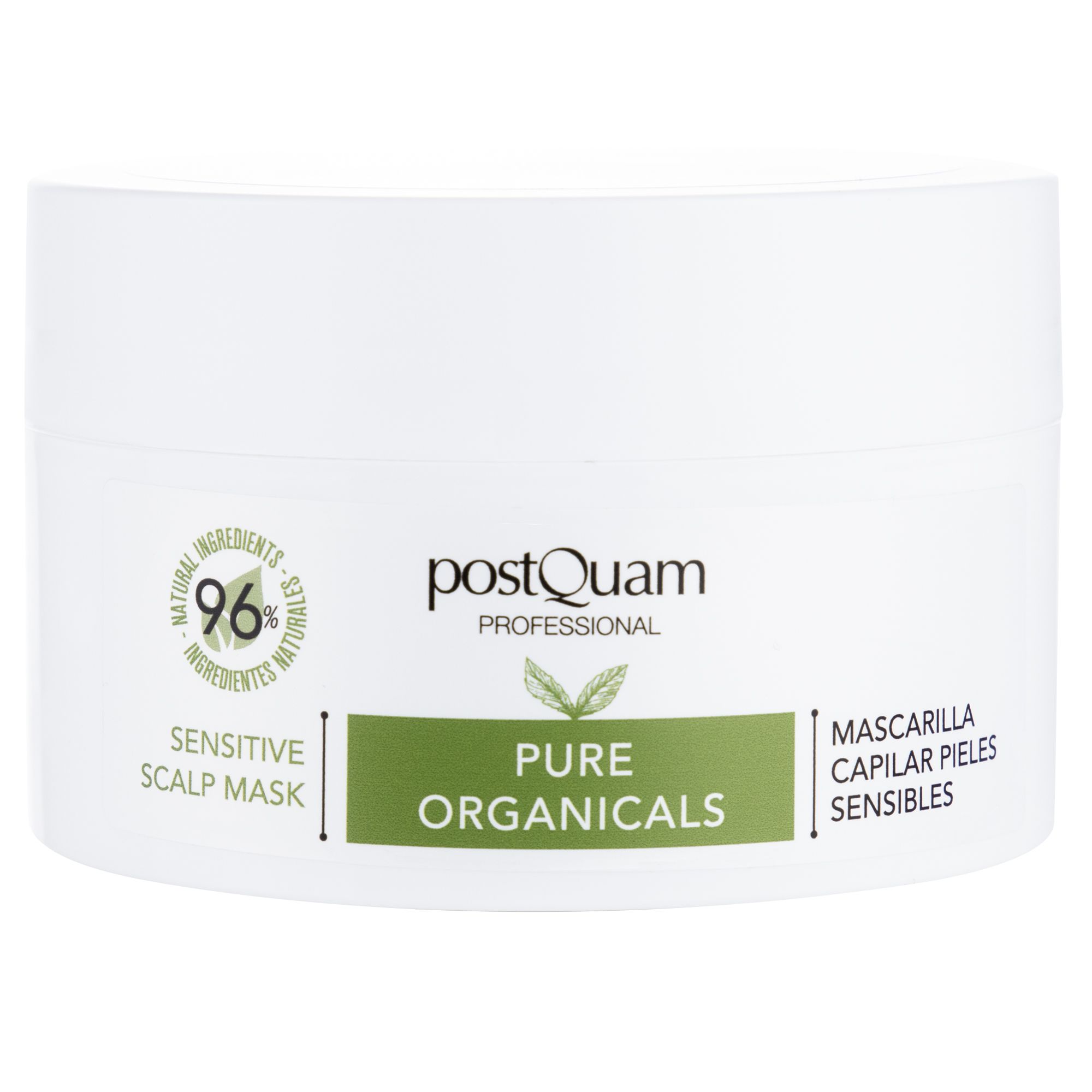 Pot blanc avec étiquette verte. Inscription: Postquam, Pure Organics, Sensitive Scalp Mask. 96% ingrédients naturels.