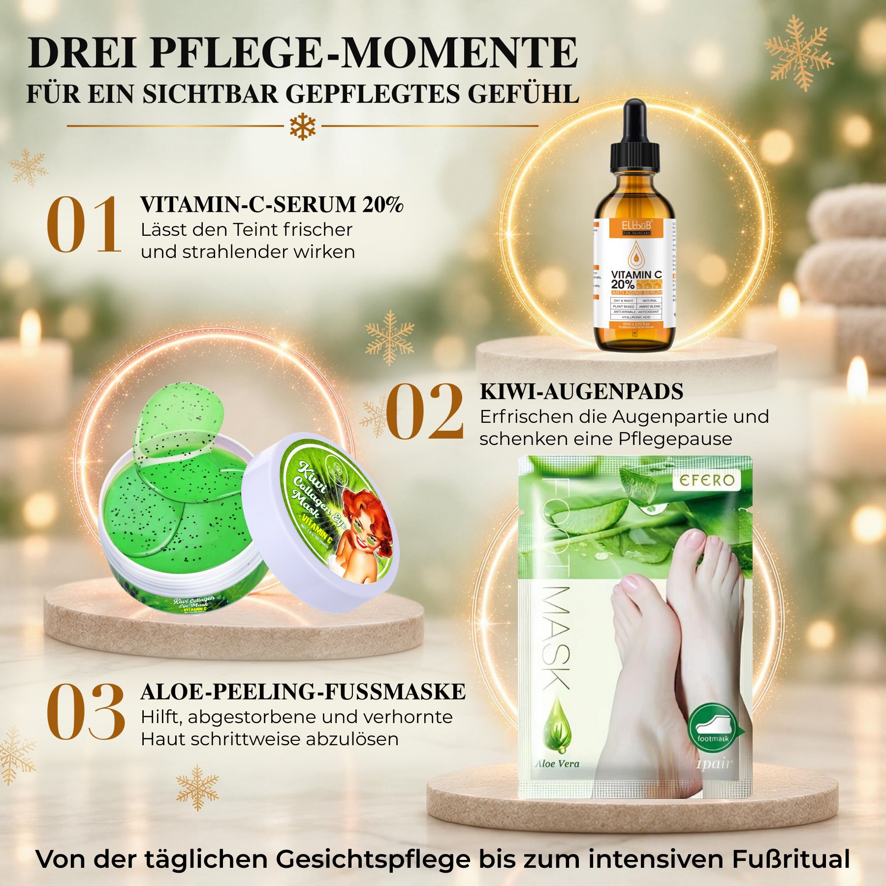 Trois produits de soin : sérum à la vitamine C, patchs oculaires au kiwi et masque pour les pieds.