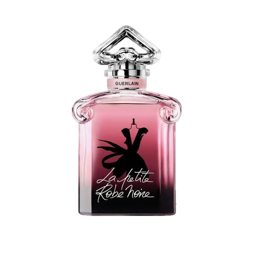 Roze parfumfles. Zwarte tekening van een jurk. Opschrift: La petite Robe noire. Guerlain-logo.