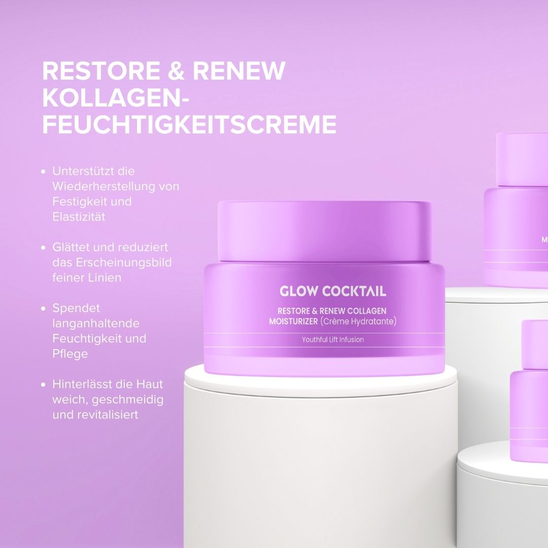 Paarse pot op sokkel. Opschrift: Glow Cocktail, Restore & Renew Collagen Moisturizer (Crème Hydratante). Tekst ernaast.
