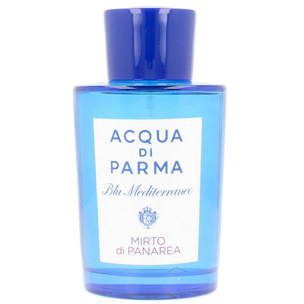 Flacon de parfum bleu avec étiquette blanche. Inscription: ACQUA DI PARMA Blu Mediterraneo Mirto di Panarea. Bouchon bleu.