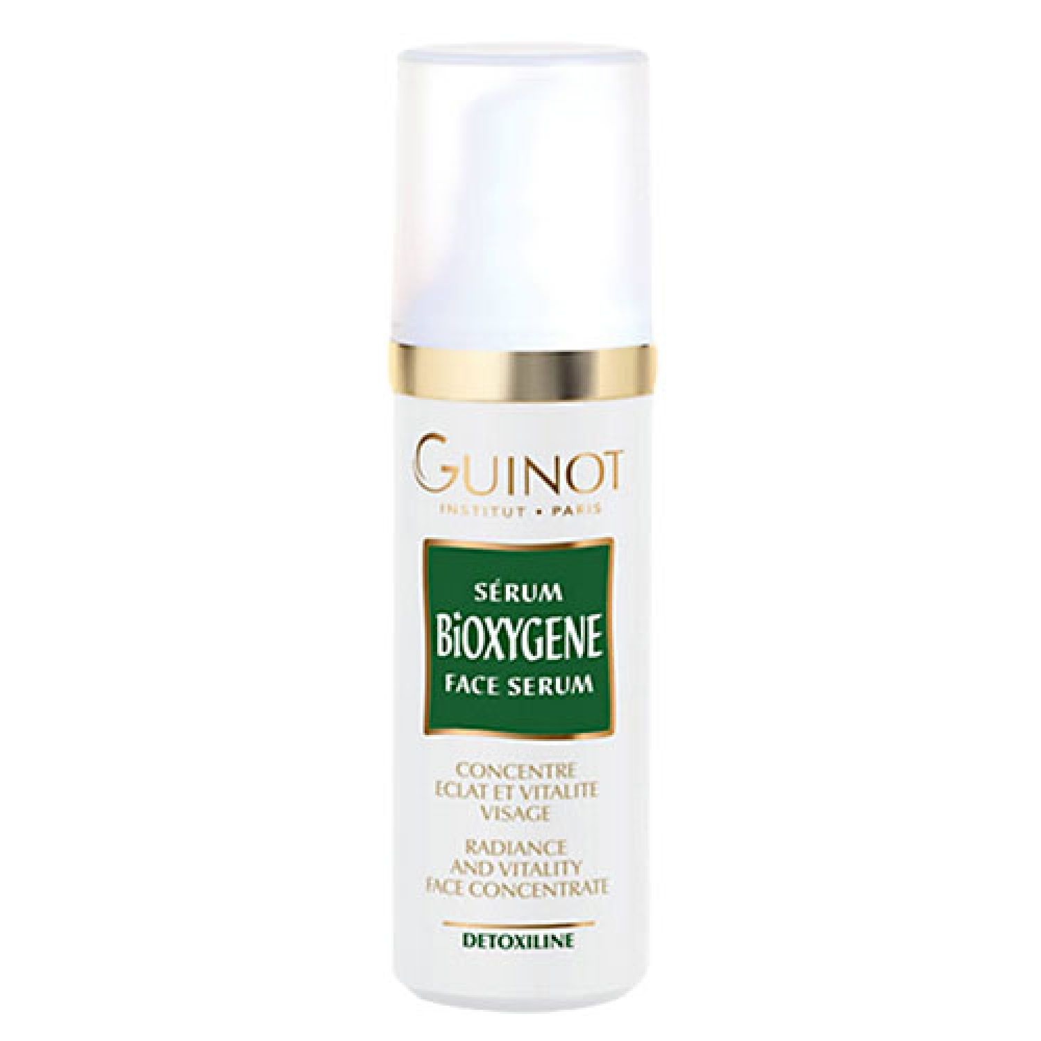 Wit serum met pomp, gouden ring, groen etiket met tekst. Guinot-logo. "Sérum Bioxygène Face Serum".