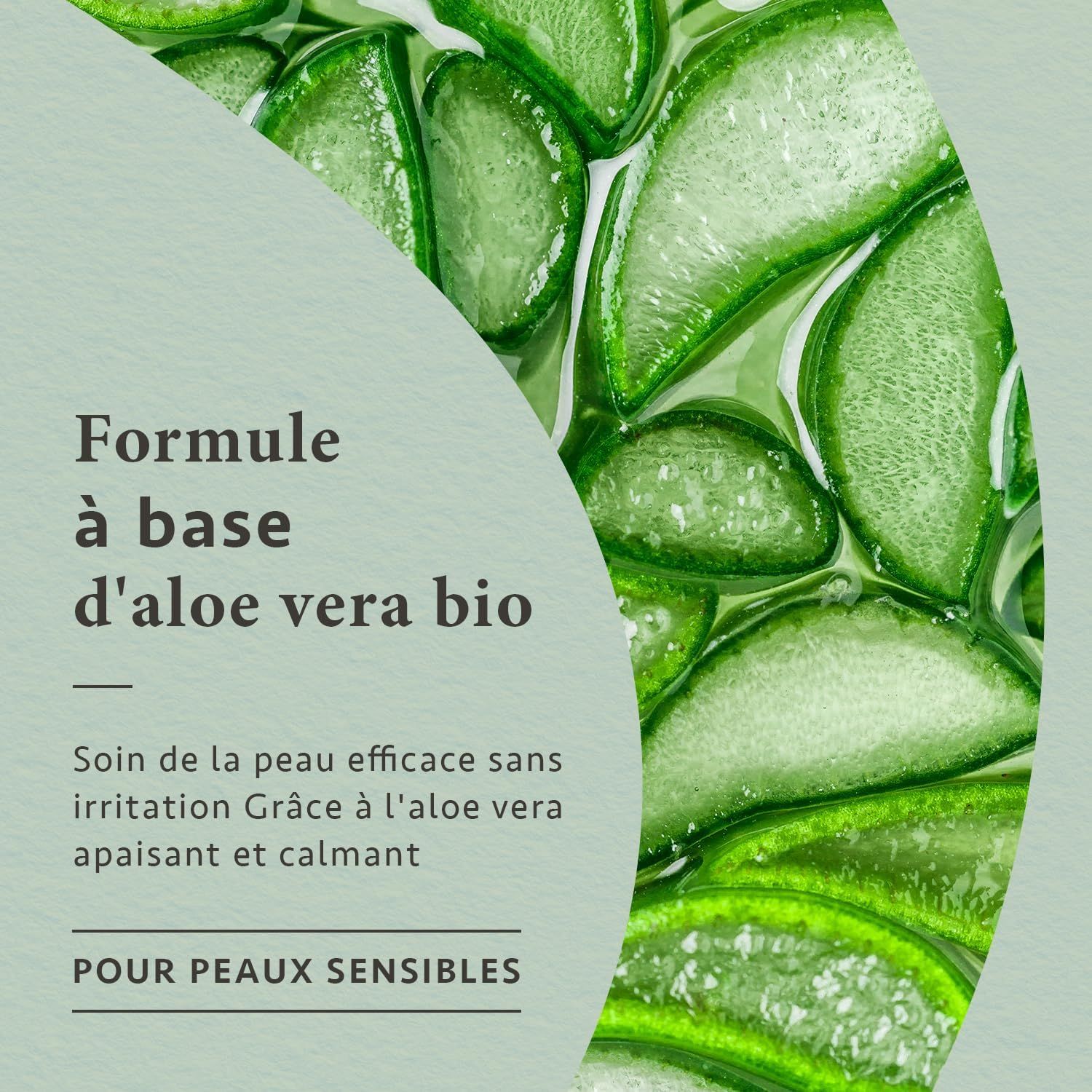 Formule à base d'aloe vera bio. Action apaisante et soignante, pour peaux sensibles.