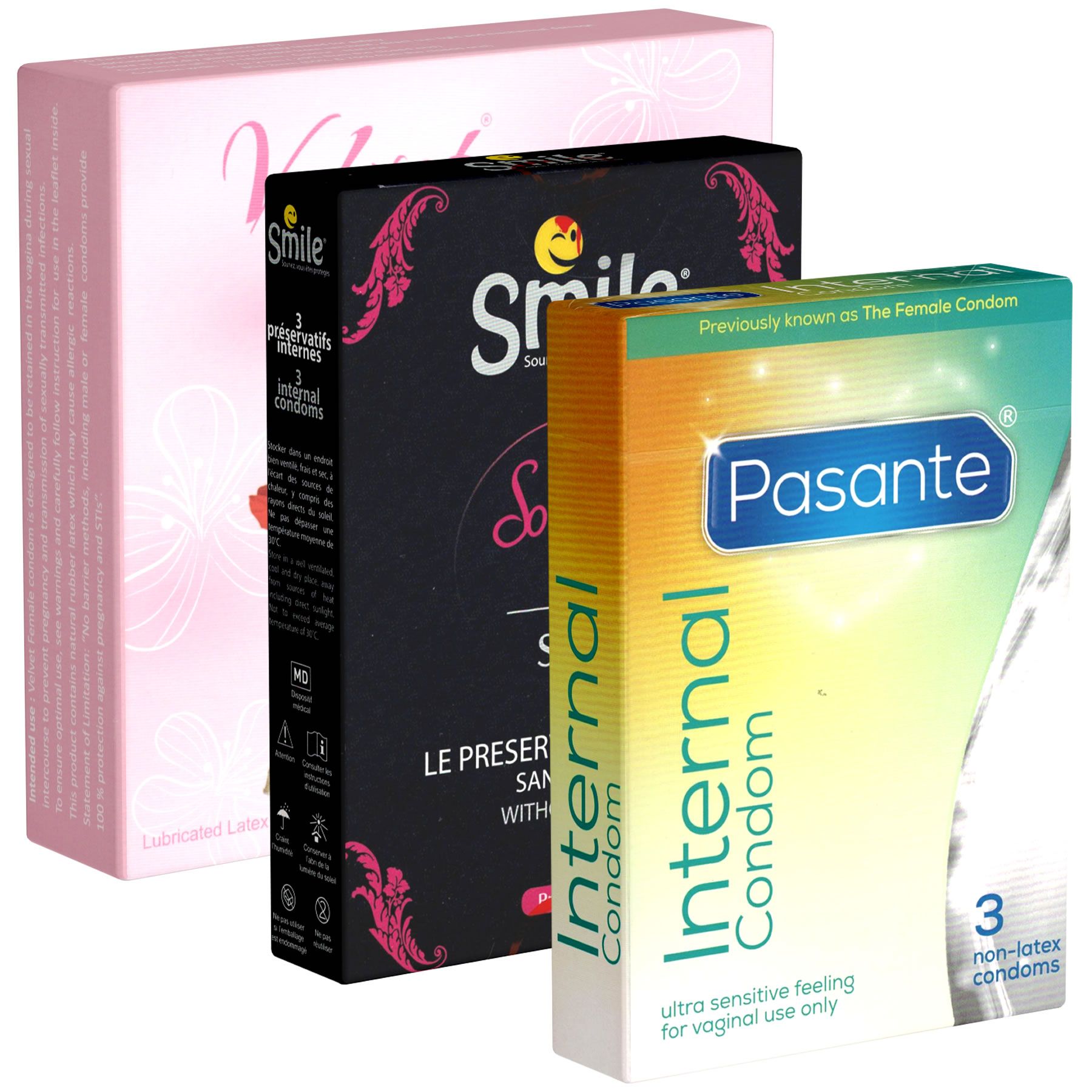 Drie dozen condooms. Merken: Smile, Pasante. Opschrift: Internal Condom, 3 non-latex condooms. Roze, zwart en geel-groen.