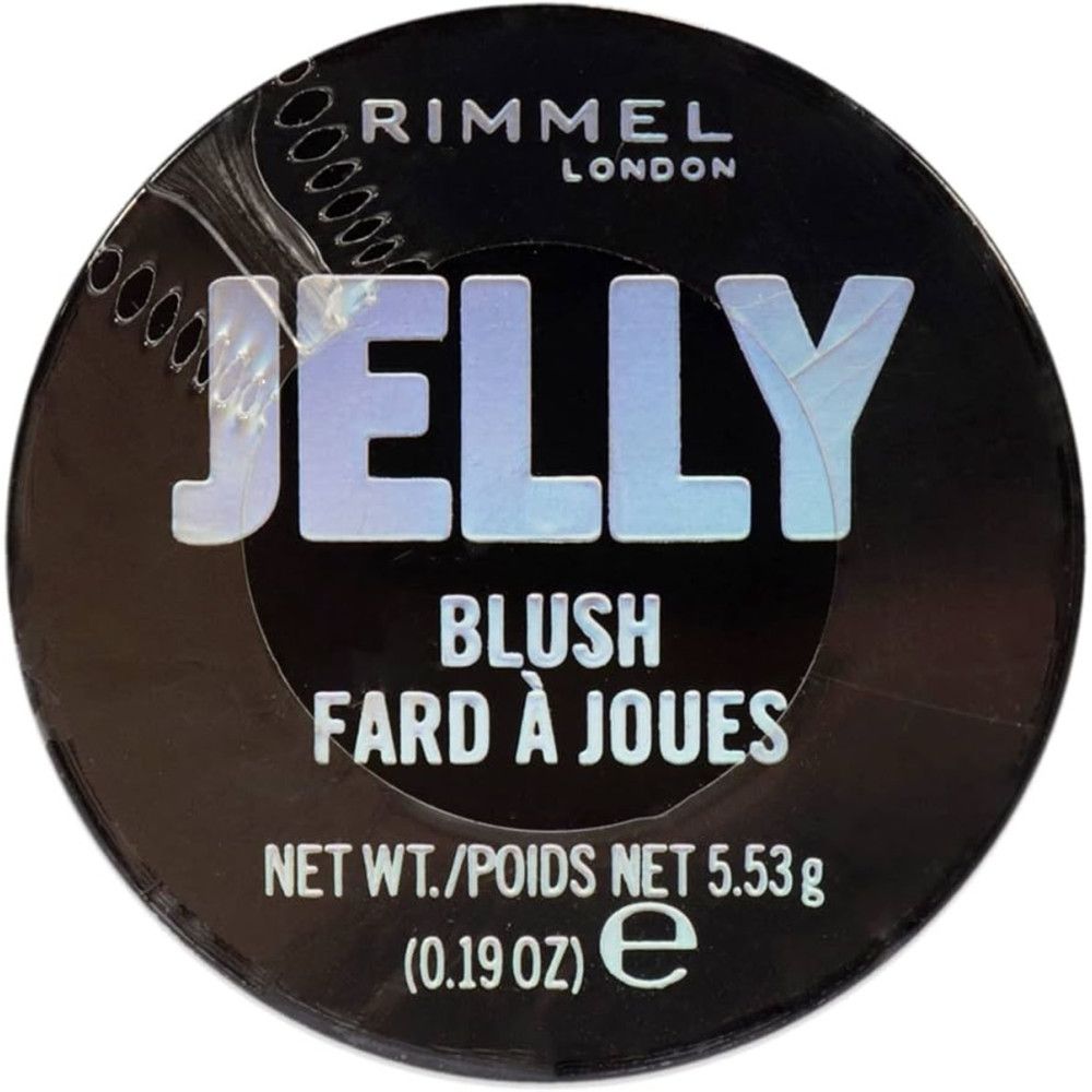 Ronde zwarte verpakking met "Jelly Blush Fard à Joues". Merk Rimmel London. Netto gewicht 5,53 g.