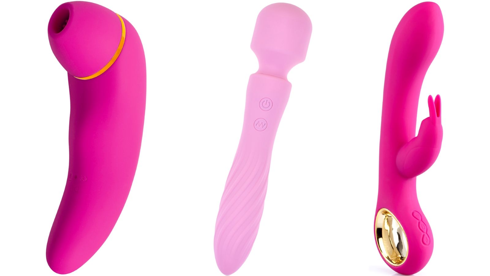 Drie apparaten: roze apparaat met zuigfunctie, lichtroze apparaat met afgeronde punt en roze apparaat met konijnenoren.