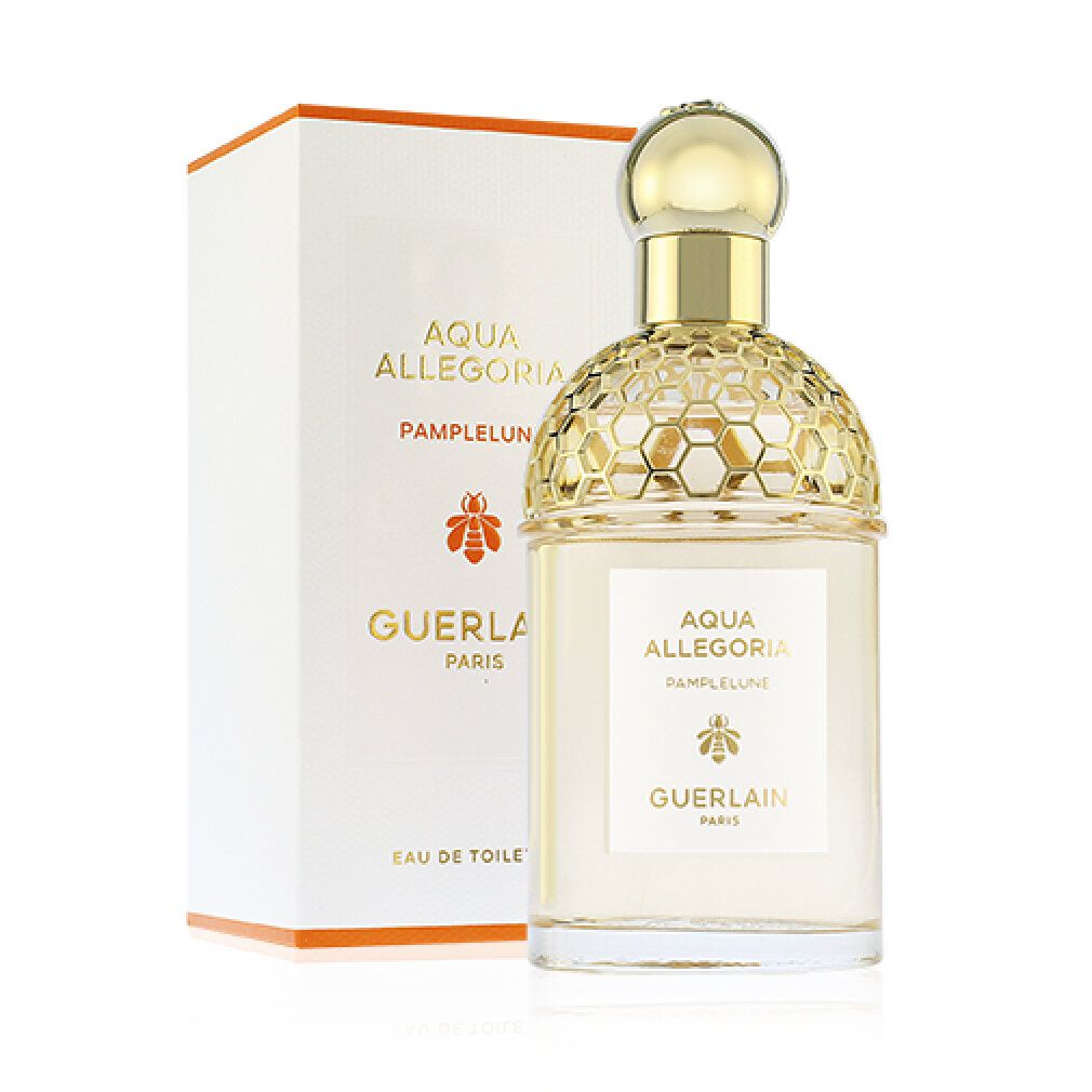 Flacon de parfum avec emballage blanc. Inscription: Aqua Allegoria Pamplelune, Guerlain Paris.