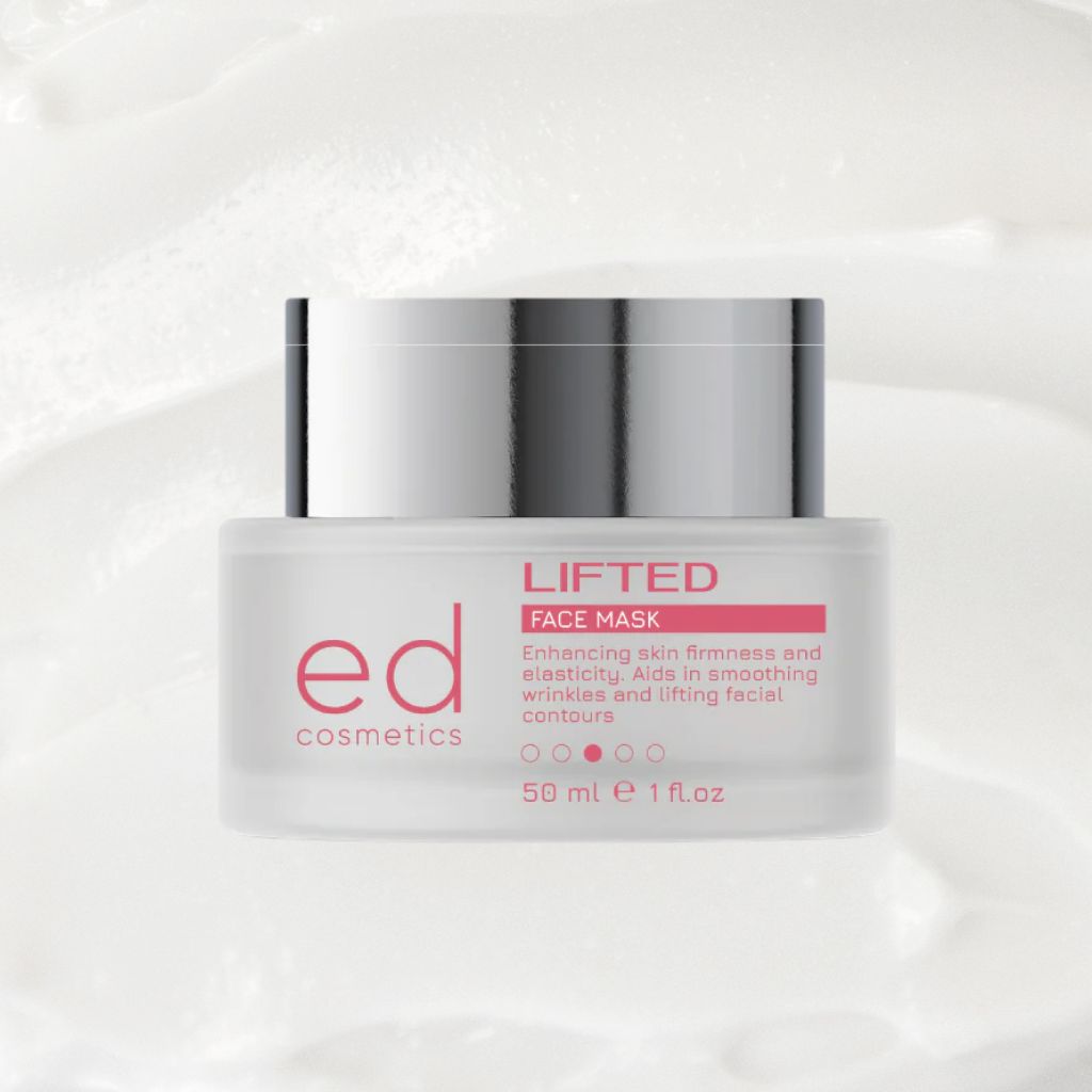 Pot de crème avec couvercle argenté. Inscription : "LIFTED FACE MASK" et "ed cosmetics". Produit sur fond blanc.