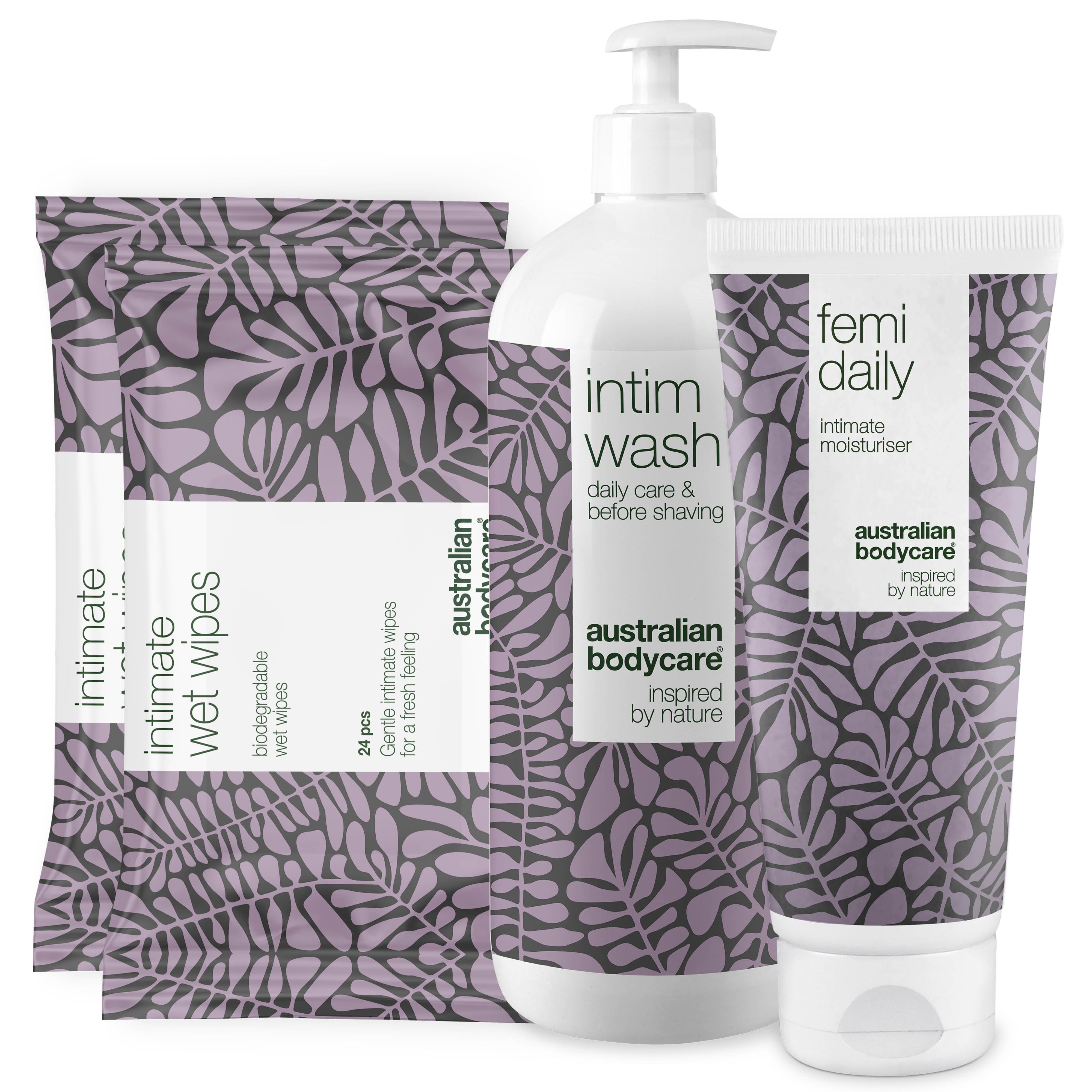 Ensemble de soins intimes : gel lavant, hydratant, lingettes. Emballage à motifs de feuilles.