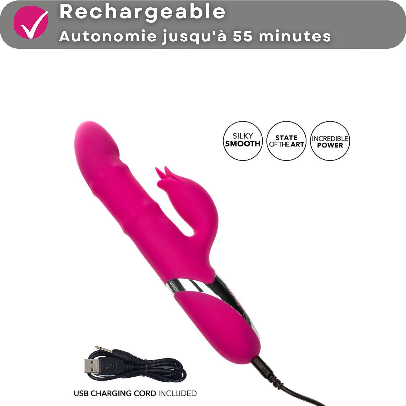 Vibrateur rose avec câble de chargement USB. Texte: Rechargeable, jusqu'à 55 minutes d'autonomie. Symboles: Silky Smooth.