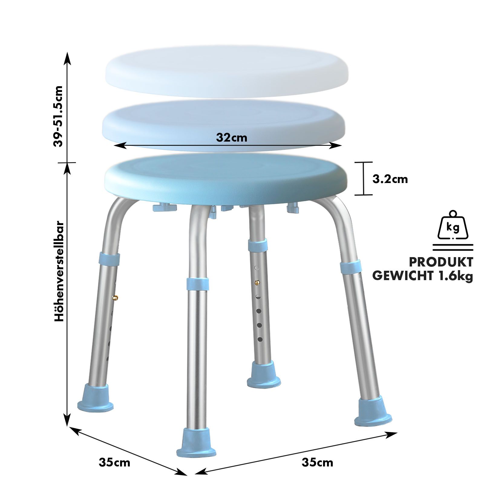 Douchekruk met afmetingen. Hoogte 39-51,5cm, diameter 32cm. Gewicht 1,6kg. Verstelbaar.