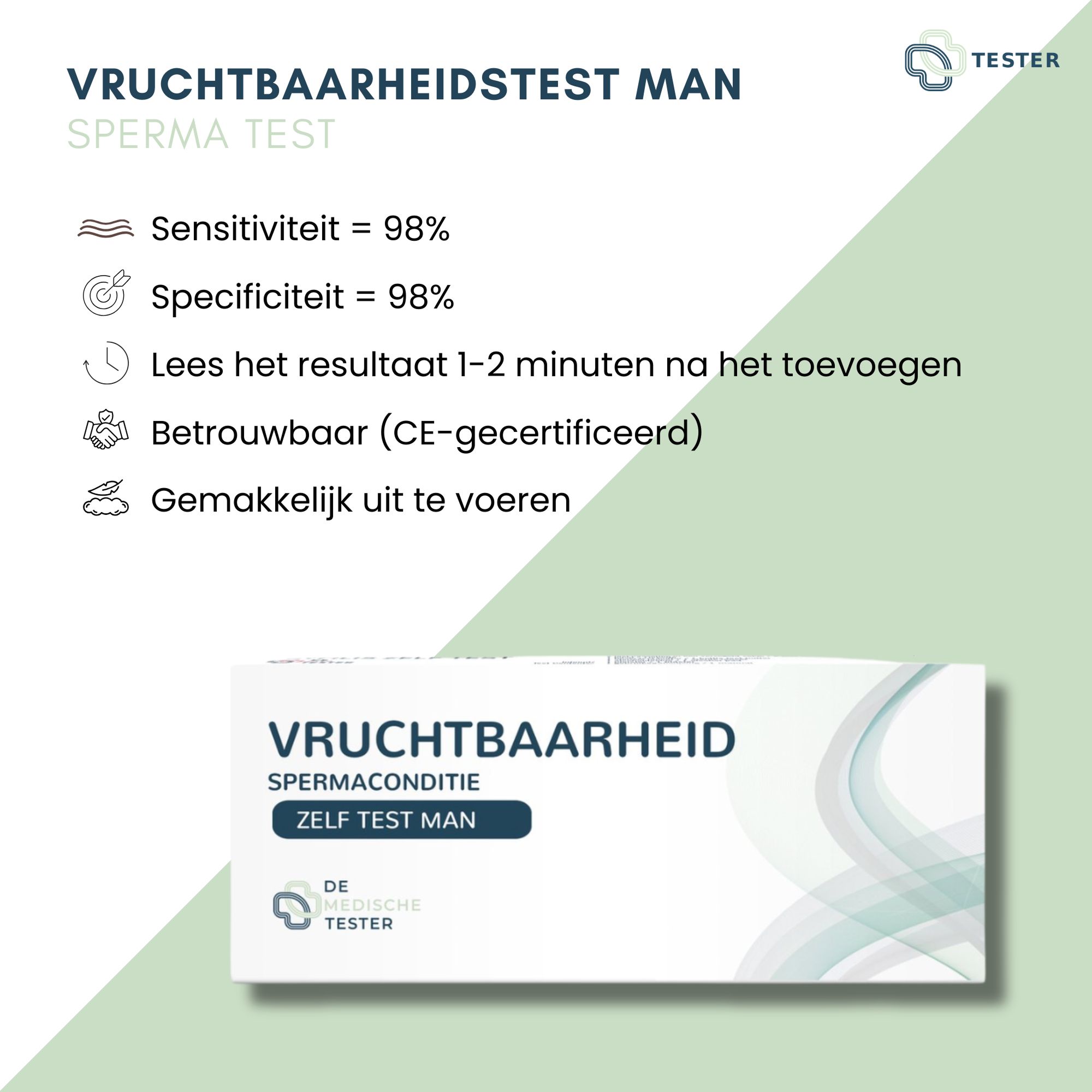 Infographie avec texte "Vruchtbaarheidstest Man". Informations sur la sensibilité, la spécificité, le temps de résultat et la certification.