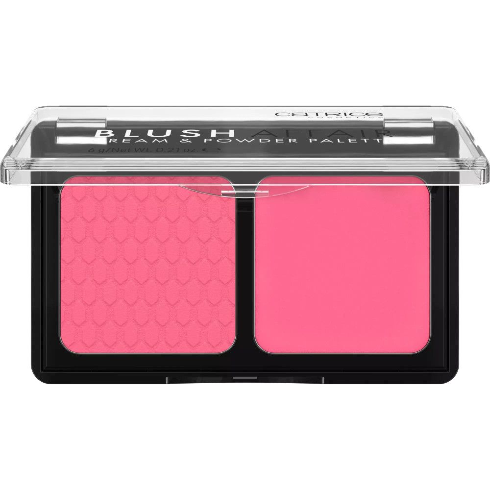Palette de blush avec deux teintes roses dans un emballage noir transparent. Marque Catrice.