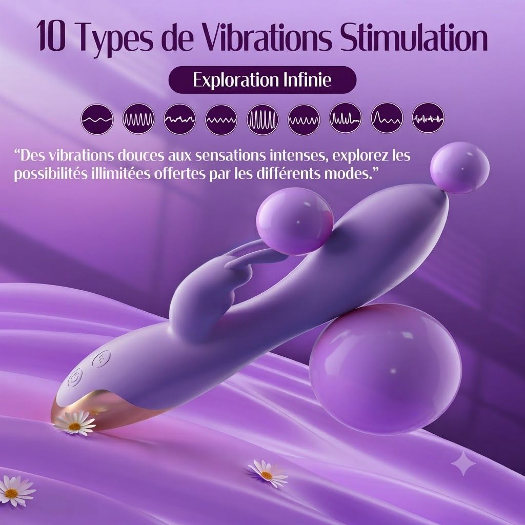 Vibrateur violet avec deux sphères, pointe dorée et boutons de commande. Affiche 10 modes de vibration.